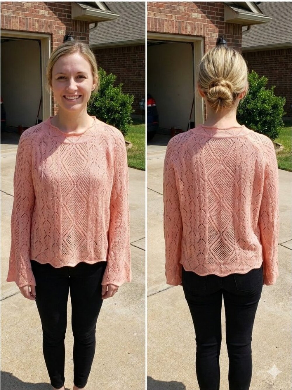 Honey & T Peach Pointelle Knit Bell Sleeve Boho Crochet Sweater Top Size L
